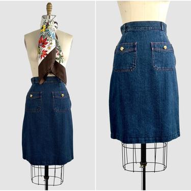 GUCCI Vintage 90s Dark Denim Skirt | 2000s Minimalist High Waist Pencil Jean Skirt w/ Pockets | Italian Designer, Made in Italy | Size Small 