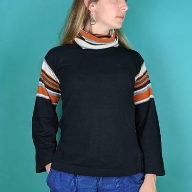 70s Mod Bell Sleeve Turtleneck Sweater (Vintage VTG), Boho Retro Hipster Classic Striped Flare Top 