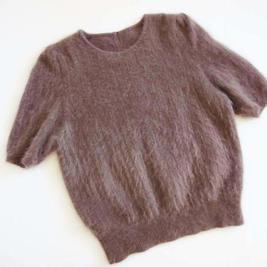 Vintage Angora Sweater M L - Ribbed Short Sleeve Fuzzy Blouse - Taupe Gray Brown Knit Top - Earth Tone Cozy Sweater Blouse 