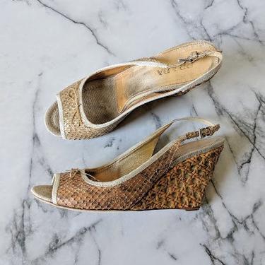 Prada Woven Wedge Heel SnakeSkin Slingback Sandals in Gold Size 7.5 by BetaGoods