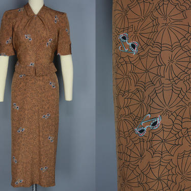 1940s NOVELTY PRINT Dress | Vintage 40s Silk Dress with Spiderweb Umbrella &amp; Sunglasses Print | xs / small 