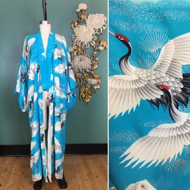vintage kimono, 1950s robe, crane print, turquoise rayon, novelty print, dressing gown, duster, Japanese robe, bohemian style, tie waist 