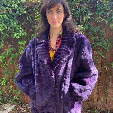 Vintage 80s Adolfo Beaver fur Purple Plush Glam Party Holiday Jacket Coat M L XL 