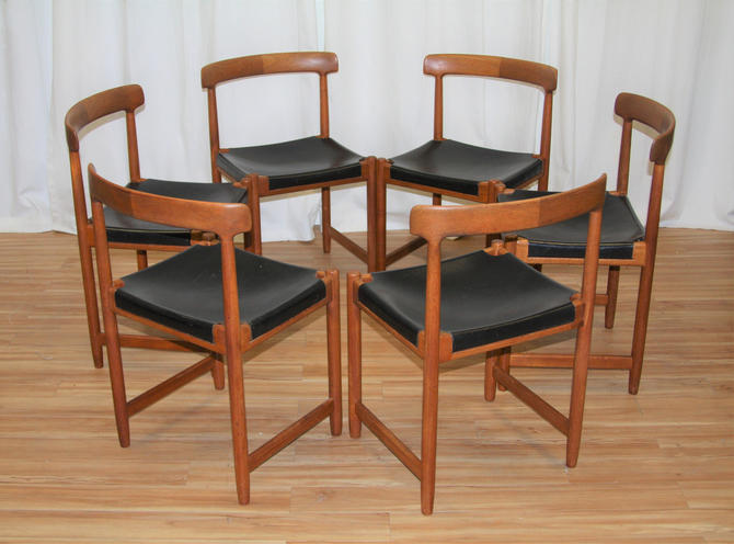 Set of six Danish Modern Teak Leather Sling Dining Chairs by TheModAndPopShop