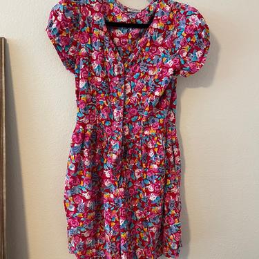 3) vintage pink floral wide leg romper jumpsuit shorts flare balloon button down puffed sleeve hot 