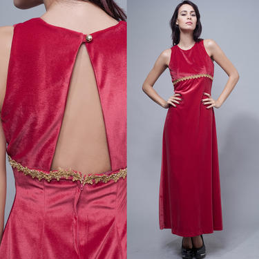 open back dress, velvet maxi dress, sleeveless dress /vintage 70s maxi empire dress pink red velvet cutout open back M Medium 