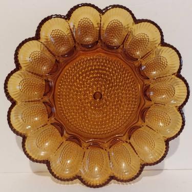Vintage Indiana Glass Amber Floral Hobnail Deviled Egg Plate 11&quot; 