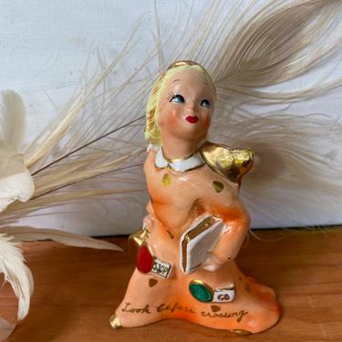 Vintage 50's Yona Look Before You Cross Guardian Angel, California Potteries,Blonde Angel Orange Dress Carrying Books, Motherly Advise 