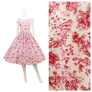1950s Pink Country Life Novelty Print Dress - 1950s Pink Fit & Flare Dress - 50s Cotton Day Dress - Vintage Novelty Print Dress | Size Small 