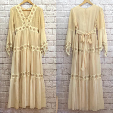 1970s Vintage Boho Maxi Dress Bell Sleeves Smocking Detail Lace Panel Bohemian Peasant Wedding 70s 