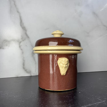 Vintage French Paté Terrine or Small Storage Crock; marked &quot;le cachet, terrine brevetee&quot;, brown and ivory French kitchenware 