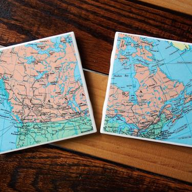 1993 Vintage Canada Map Coasters Set of 2. Canadian décor. Travel gift. Canada Coasters. Country Map Vintage Atlas North America Map Barware 