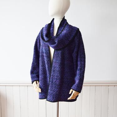 Loom Woven Purple Cotton Boucle Cardigan and Scarf | M/L 
