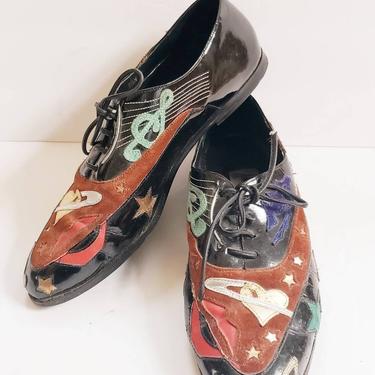 1990s Black Patent Vinyl & Leather Abstrax Shoes Colorful Applique Music Guitar Hearts Stars Lips /Lace Up Loafers Suede Cutout Graphics 9.5 