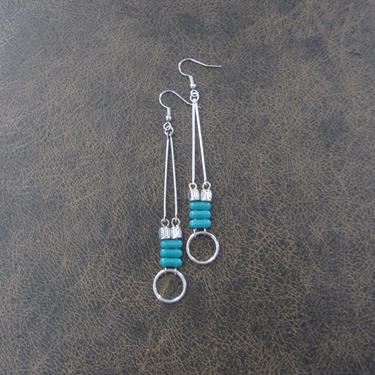 Minimalist teal blue earrings, silver mid century earrings, statement brutalist earrings, long geometric earrings, unique dangle earrings 