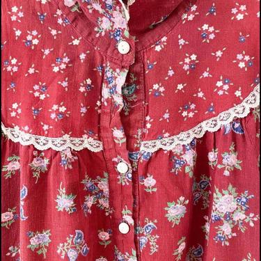 Vintage red gunne sax dupe prairie boho house dress XS lace floral 