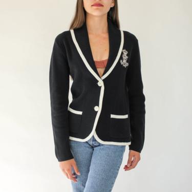 Vintage 90s Y2K Ralph Lauren Black &amp; White Schoolboy Cardigan w/ Silver Monogram Bullion Patch | 100% Cotton | 1990s 2000s Designer Sweater 