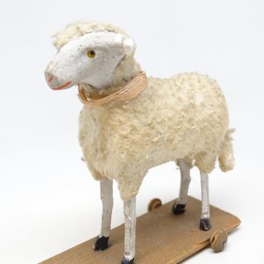 Antique 1930's German Wooly Sheep Pull Toy, Vintage Lamb for Christmas Nativity Creche Putz, Germany 
