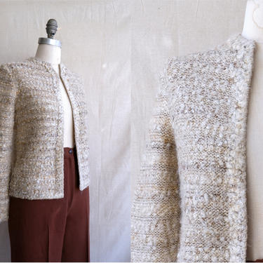 Vintage 70s ST. JOHN Bouclé Knit Cardigan/ 1970s Nubby Textured Open Front Sweater/ Designer Knitwear/ Size Small 