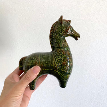 Modern Ceramic Horse Sculpture - Mid Century Modern Ceramic Horse Statue - Green Brown Ceramic Bitossi Style Pony Artwork 