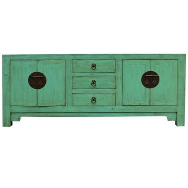 Distressed Teal Blue Wood Pattern Low Console Table Cabinet cs4898S
