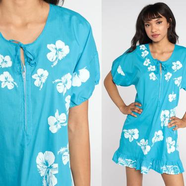 Hawaiian Floral Dress 70s Turquoise Blue Hibiscus Tent Dress Tropical Dress Mini Shift Floral Boho Vintage Minidress Sleeveless Medium 