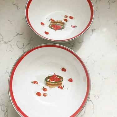 One Pair of Vintage Apple Harvest White and Red Enameled Mixing Bowls Kitchen Item by LeChalet