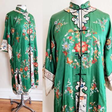 Vintage Chinese Jacket Green Silk Floral Embroidery/ Asian Silk Coat Butterfly, Flowers, Insects / Large 