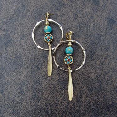 Gemstone inlay earrings, Brass hoop ethnic tribal earrings, India gypsy Indonesian Tibet Nepal geometric primitive unique artisan 