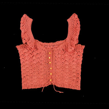 Vintage 1970s Tank Top Sweater - Pink Button Front Ruffle Sleeve - Boho Hippie - Minimal Waist Tie Crochet Knit - Fairy Kai - XS Extra Small 