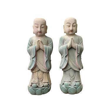 Pair Chinese Color Rustic Wood Standing Lohon Monk Statues ws1517E 