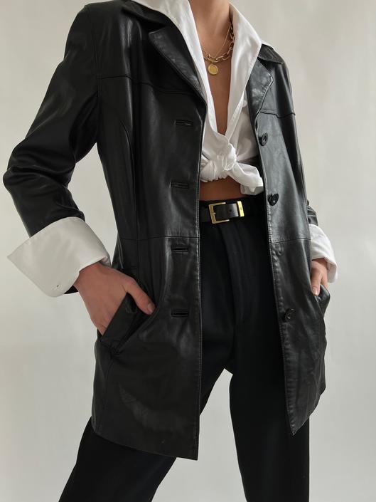 Vintage Onyx Leather Notched Collar Button Up Jacket