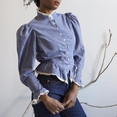 Vintage blue chambray fitted Victorian style prairie blouse 