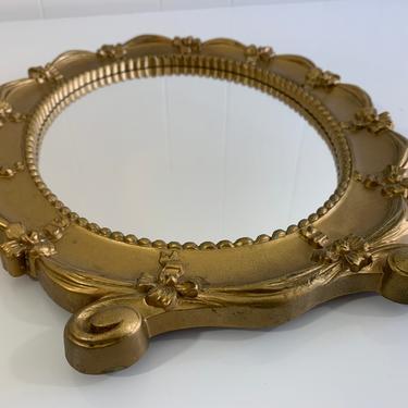 Vintage Syroco Plastic Mirror Faux Wood Gold Round Frame Mid-Century Victorian Bows Framed Wall Hanging Homco Burwood 1940s 40s 1943 USA 