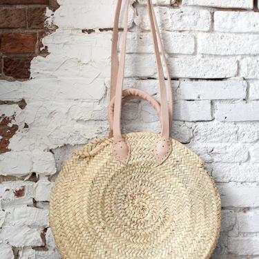 Round Oversized Woven Palm and Dual Leather Handles Bag