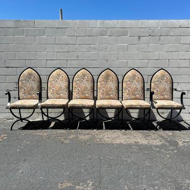 6 Antique Dining Chairs Set Iron Frame Spanish Revival Style Rustic Primitive Thorne Boho Bohemian Vintage Seating Armchair Side Chair 