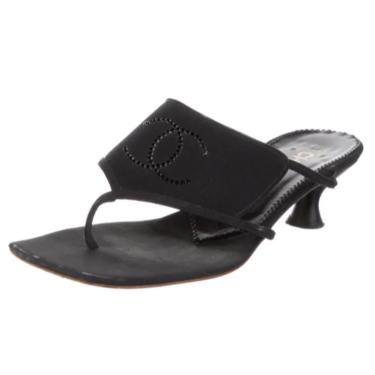 Vintage CHANEL CC Logo Black Fabric / Rhinestone / Leather Heels Sandals It 39 / Us 8 - 8.5 