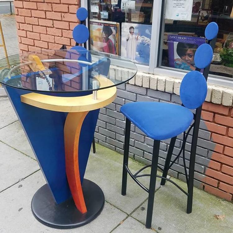 Colorful Memphis Style Glass Top Bistro Table and Two Chairs, 