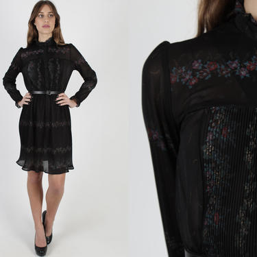Thin Black Tiny Flower Dress / Sheer Dark Micro Pleat Dress / Button Down Bodice / Evening Party Disco Secretary Mini Dress 
