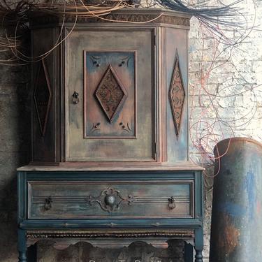 Painted Ethnic Bohemain Armoire Wardrobe Cabinet - Vintage Rustic Wardrobe Cabinet - Painted Dresser - Vintage Wardrobe - Painted Furniture 