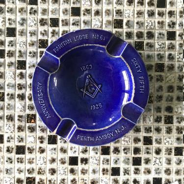 Old 1920s Blue Masonic Mason G VFW Ashtray Art Deco/Victorian Perth Amboy Raritan 1863-1928 
