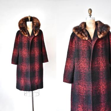 Diahann 60s plaid wool coat, red fur coat, fur collar, overcoat, plus size vintage 