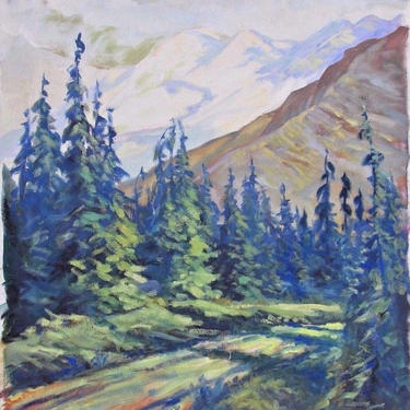 Vintage California Oil Painting Mountains with Trees on a Dirt Road 