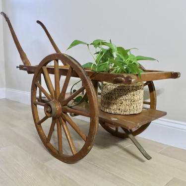 Antique Cart - Antique Wood Garden Cart with Handles - Two Wheels - Primitive Wagon Cart - Hand Made 