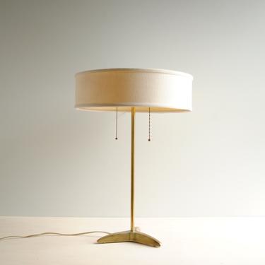 Vintage Gerald Thurston for Stiffel Table Lamp with Brass Tripod Base and Cream Drum Shade 