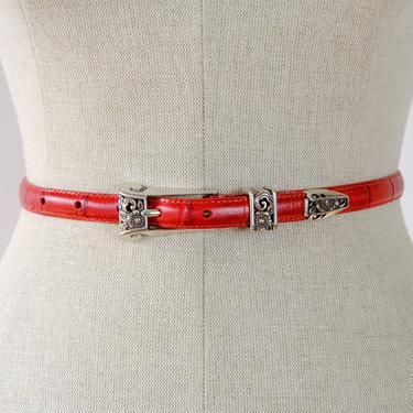RESERVED Vintage 80s 90s Brighton Red Leather Belt w/ Ornate Silver Floral Design | Bohemian, Western | 1980s 1990s Leather Belt 