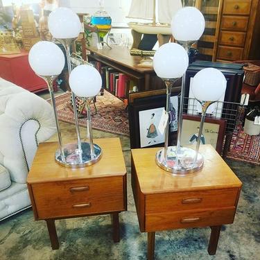                   Pair of MCM side tables. Pair of Mod Three globe table lamps