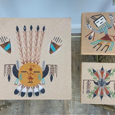 Set of 3 Vintage Navajo Sand Paintings Signed Coasters and Trivet 