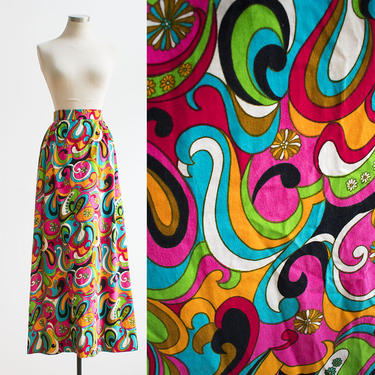 Vintage 1960s Flower Power Skirt / Velour Velvet Skirt / Psychedelic Print Skirt / 60s Psychedelic Skirt / 60s Formal Maxi Skirt / Hippie 