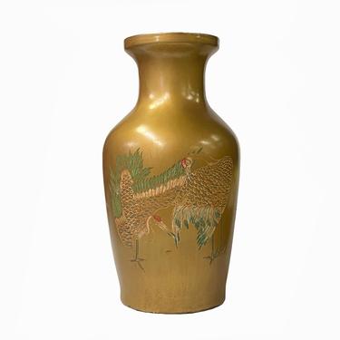 Vintage Handmade Chinese Matte Gold Paint Cranes Motif Vase ws1847E 